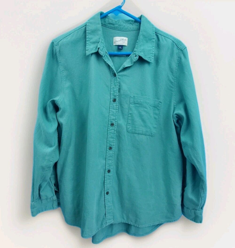 Mens  Green Linen Blend Button Front Shirt Relaxed Fit Long Sleeve Casual